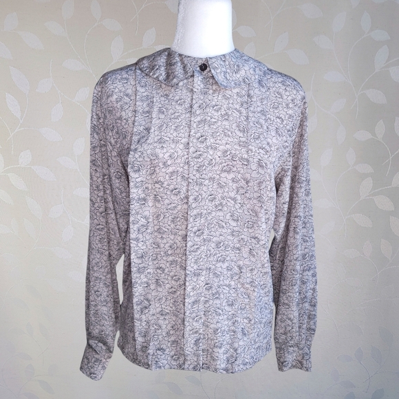 Vintage 60s 70s Pilgrim Collar Pleated Floral Print Blouse Jaeger Taupe - Picture 2 of 12